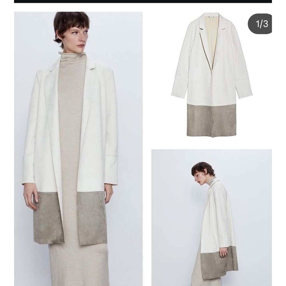 Zara Faux Suede Longline Coat Womens XS Cream Taupe Excellent Colorblock Open